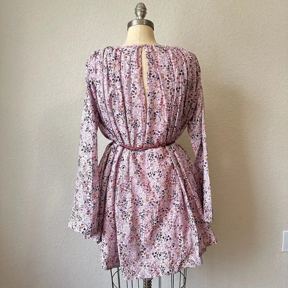 ELLIETTE Tate Mini Dress Pink Floral Silk Long Sleeve Tie Waist Fairy